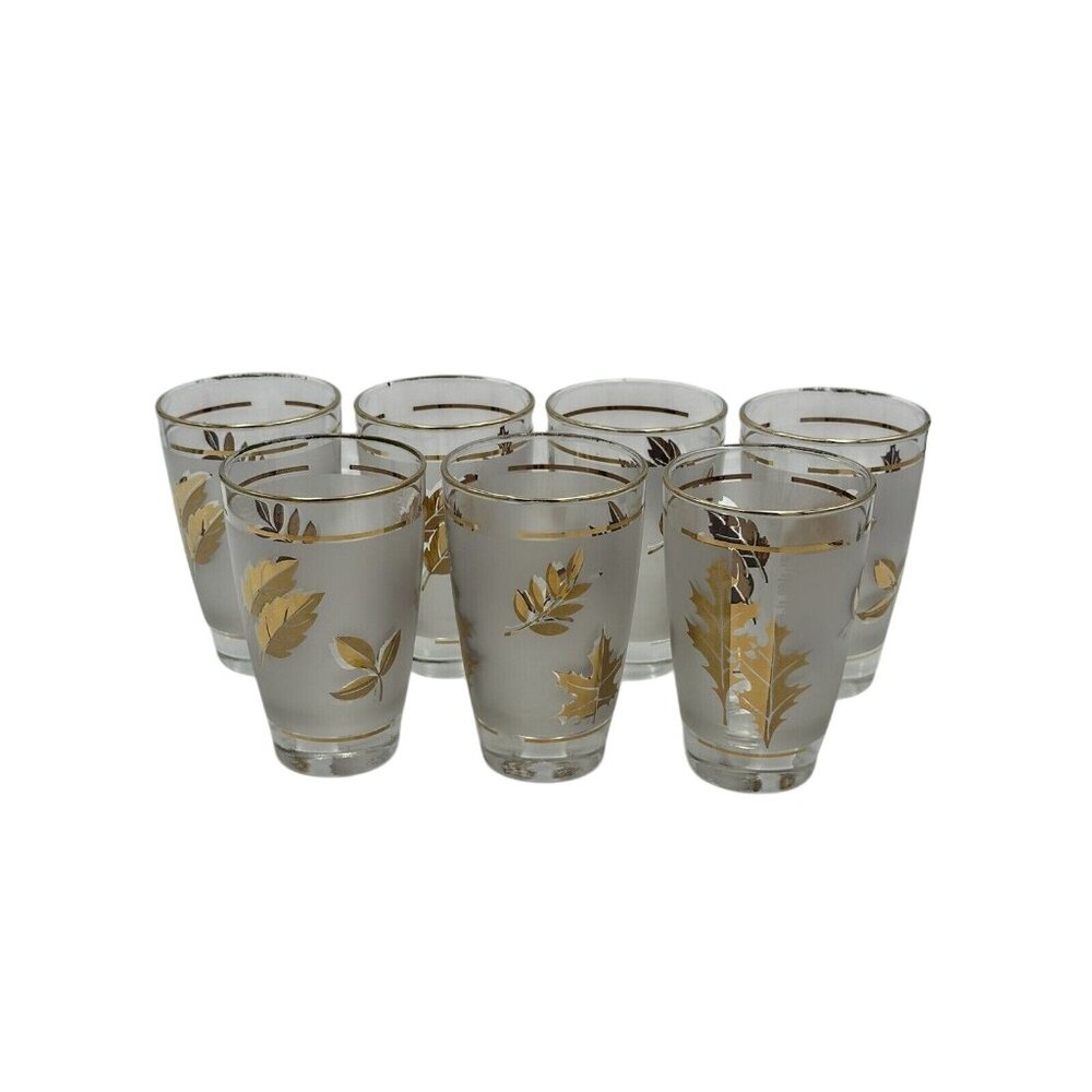 Vtg Mid Century Modern Libbey Gold Leaves Drinking Tumbler Glasses‎ Set of 7